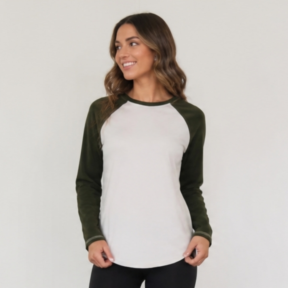 lululemon athletica Olive Green and White Long Sleeve Raglan Tee
